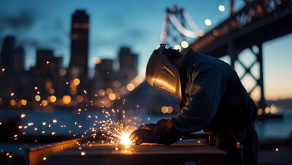 Night Welder: A lone welder, silhouetted against the vibrant cityscape at twilight, skillfully works with sparks flying, showcasing dedication and craftsmanship.