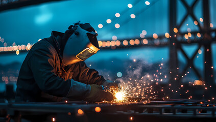 Welding under the Bridge: A skilled welder works tirelessly, sparks flying as he meticulously joins metal pieces under the dramatic backdrop of a bridge.