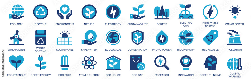 Poster ecology icon set in flat duotone solid icons web design. pack pictograms with recycle, environment, 