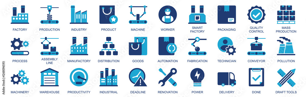 Aufkleber factory icon set in flat duotone solid icons web design. pack pictograms with production, industry, 