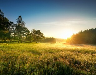 Obraz premium landscape with sun and forest and meadow at sunrise