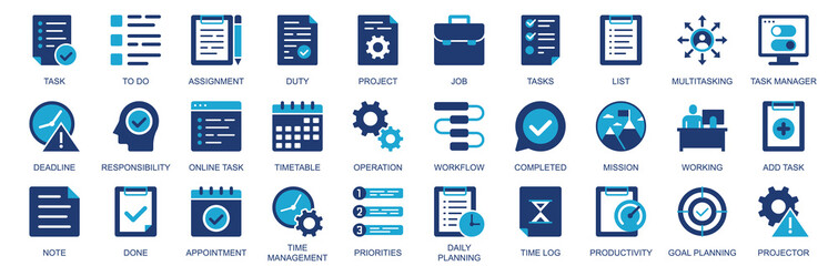 Task icon set in flat duotone solid icons web design. Pack pictograms with to do list, assignment, duty, project, multitasking, deadline, timetable, operation, priority, other. Illustration.
