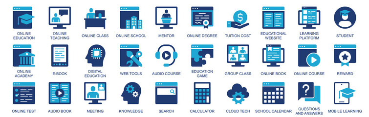 Online education icon set in flat duotone solid icons web design. Pack pictograms with teaching, class, school, mentor, tutor cost, educational, learning platform, student, other. Illustration.