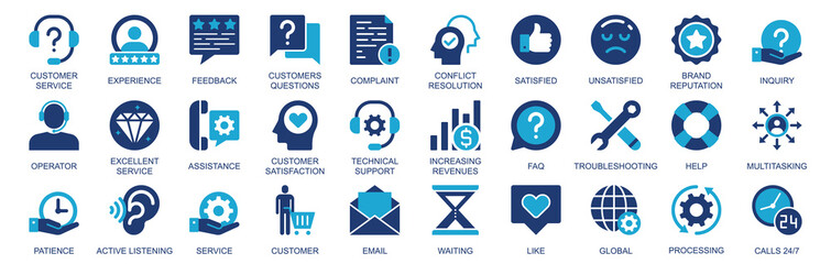 Customer service icon set in flat duotone solid icons web design. Pack pictograms with experience, feedback, question, conflict resolution, satisfied, brand reputation, other. Illustration.