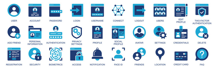 User account icon set in flat duotone solid icons web design. Pack pictograms with password, login, username, connect, edit, profile, two factor authentication, add friend, other. Illustration.