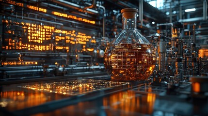 Fototapeta premium A laboratory scene featuring a glass flask with glowing liquid amidst machinery.