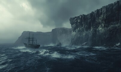 A boat braves rough seas, while craggy cliffs loom in the distance.