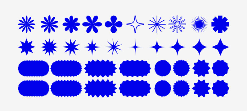 Star and Flower Shape Vector Elements. Abstract Retro Geometric Stickers. Y2K Modern Label Design