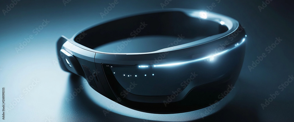 Poster close-up of a futuristic smart headset with glowing lights, highlighting advanced technology and the