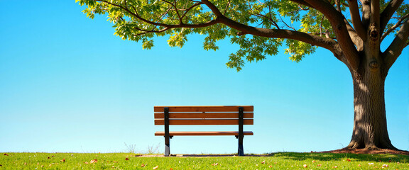 Obraz premium Solitary park bench under vibrant tree, serene natural beauty