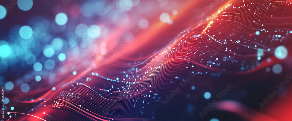 Poster Abstract close-up of glowing particles and lines forming a dynamic flow of energy, showcasing the concept of digital technology, connectivity, and futuristic design.