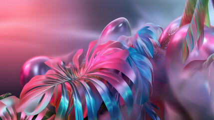 A surreal digital artwork featuring iridescent tropical leaves in shades of pink, blue, and purple. The soft lighting and glossy textures create a futuristic, luxurious atmosphere.
