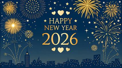happy new year 2026, silvester, new year's eve, new year party celebration holiday backgrounds greeting card with text- firework fireworks pyrotechnic display on dark black night sky
