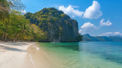Obraz premium Stunning Tropical Beach Scene Turquoise Water White Sand Lush Palm Trees Dramatic Cliffs Sunny Day Island Paradise Vacation Getaway Exotic Travel 