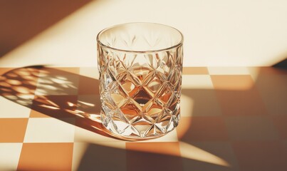 A half-filled cut-glass tumbler rests on a checkered tabletop.