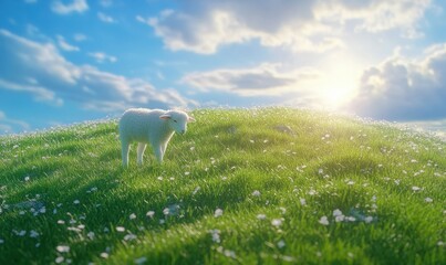 Fototapeta premium Majestic white lamb grazing on a green hill under a bright blue sky, symbolizing Easter.