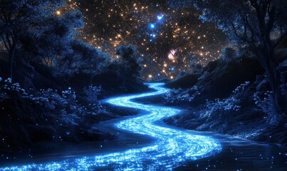 A luminous blue pathway resembling a river, set against a backdrop of a star-studded night sky.
