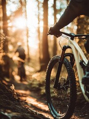 Fototapeta premium Biking through sunlit forest trails during golden hour creates a tranquil adventure experience in nature. Generative AI