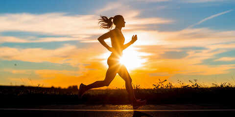 A silhouette of a woman jogging on a road during sunset, symbolizing fitness, strength, and determination in the context of a healthy lifestyle and outdoor exercise.