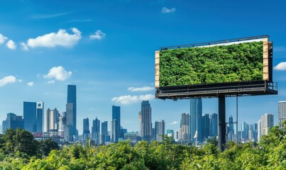 Modern billboard with vibrant greenery, city skyline in background, clear blue sky.