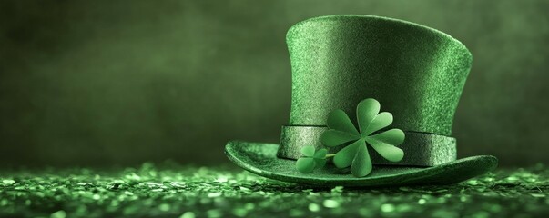 A green top hat with shamrocks on a glittery surface.