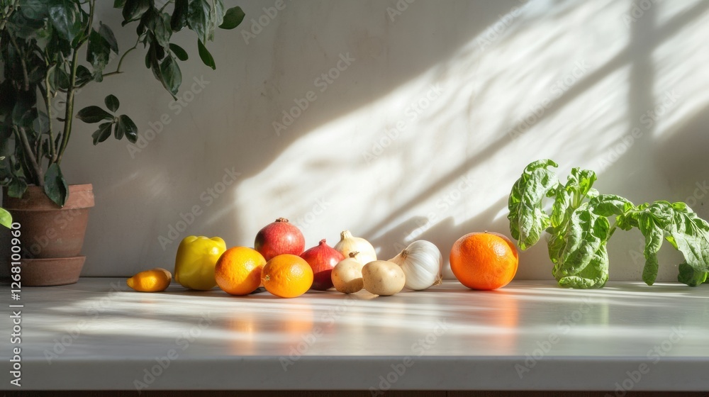 Leinwandbilder fresh produce arranged on a neutral countertop with soft sunlight illuminating the scene. generative