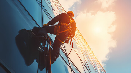 Window Cleaning High-Rise: A window cleaner, secured in a harness and rope system, climbs a gleaming glass building exterior. The sun glints off the glass.