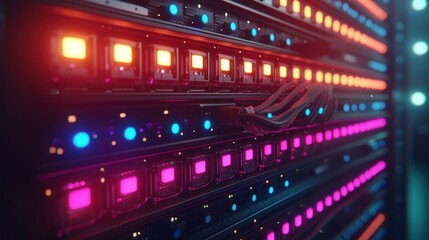 Futuristic server rack with colorful LEDs and cables, data center interior
