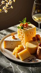 Gourmet cheese display with golden hues and artistic garnishes, indulgence
