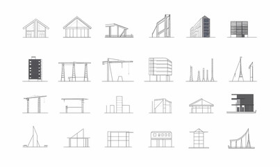 Minimalist Architecture Line Drawings: A collection of minimalist line drawings featuring various architectural structures, showcasing different shapes, styles, and designs.