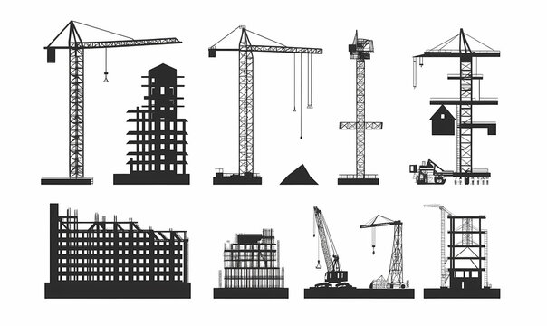 Construction Site Silhouettes: A collection of vector silhouettes depicting various stages of building construction, including cranes, buildings under construction, and construction workers.