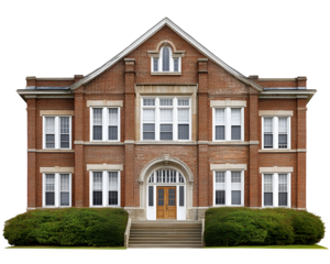 Traditional two-story brick school building with shrubs,