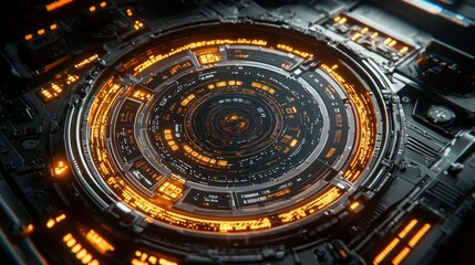 Fototapeta premium Futuristic spaceship control panel glowing with orange lights