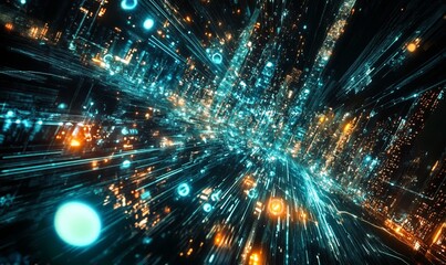 Naklejka premium A futuristic cityscape with glowing lights in vivid colors.