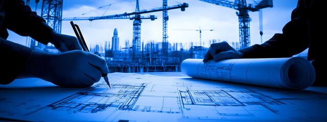 Blueprint Collaboration: Architects or engineers meticulously review blueprints, construction site with cranes in the background, signifying collaboration, planning.