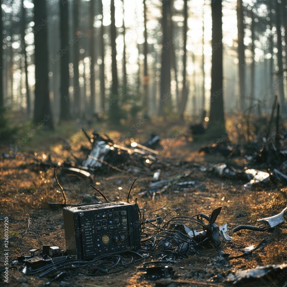 Poster black box recorder and airplane debris scattered in a forest clearing after a tragic aviation incide