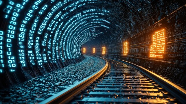 Fototapeta Futuristic tunnel railway tracks with binary code, digital data