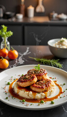 Artistic plating of Backhendl with sauce in modern kitchen, culinary elegance