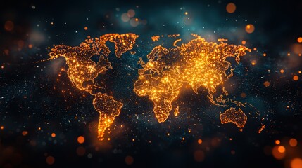 Global Network Illuminated World Map, glowing lights, abstract background, world connectivity