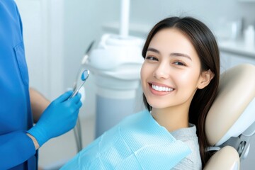 Fototapeta premium A young woman smiles at the camera while sitting in a dental chair, a dentist prepares for the examination.