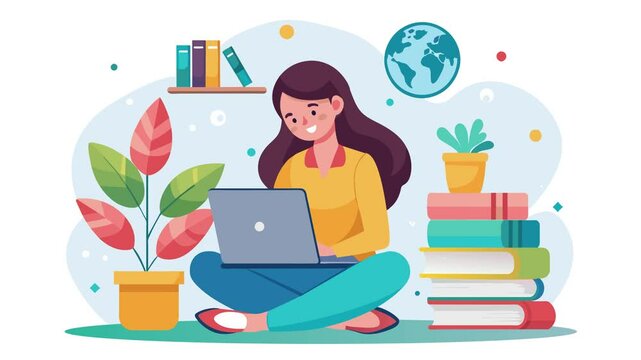 woman studying with laptop and lots of books 4k animation