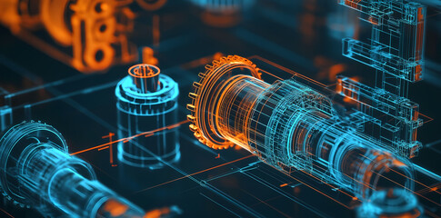 Abstract Engine Blueprint: A mesmerizing abstract rendering of a complex engine, showcasing intricate gears and intricate parts in vibrant blue and orange hues.