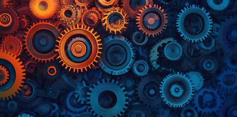 Interlocking Gears: A close-up, abstract image of gears in blue and orange tones, seamlessly interlocked in a complex, rhythmic pattern.