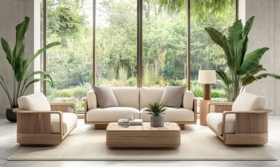 Contemporary living room with beige furniture, wooden accents, and large windows offering a panoramic garden view.