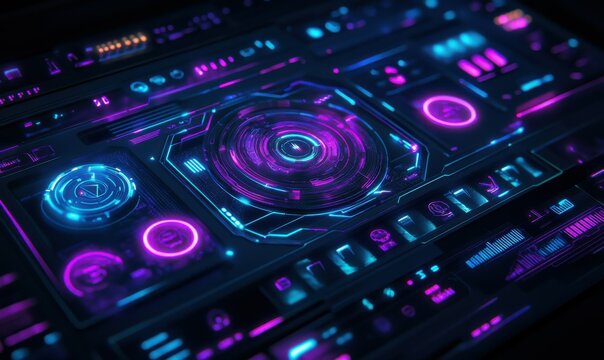Abstract futuristic interface with glowing holographic visuals, vibrant blue and purple hues enhancing the dynamic tech atmosphere, bold digital design, advanced theme