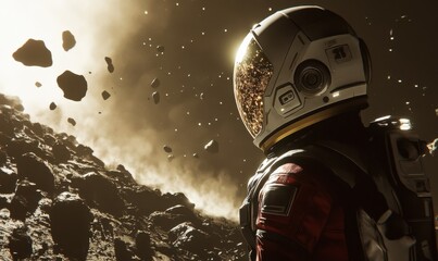 Cosmic explorer approaching a glowing asteroid belt, faint reflections on their helmet and suit creating an ethereal ambiance, serene deep space setting