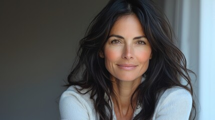Fototapeta premium A woman with long, dark hair smiles warmly, exuding confidence and warmth.