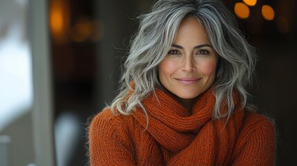 A smiling woman with gray hair wearing an orange sweater and scarf.