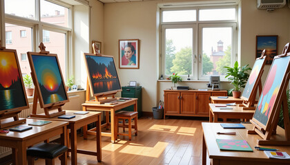 Bright art classroom with easels and supplies, creative expression