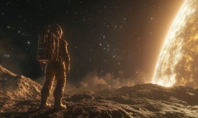 Cosmic explorer standing on an asteroid overlooking a glowing nebula, distant stars casting faint light across the vast expanse, vibrant and ethereal atmosphere